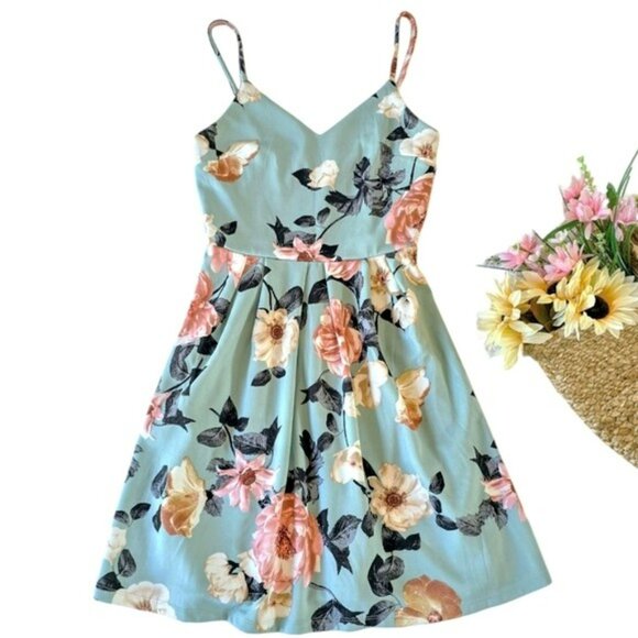 Monteau Women's Mini Dress Size Small Blue Green Floral Fit & Flare Sleeveless - Picture 12 of 12